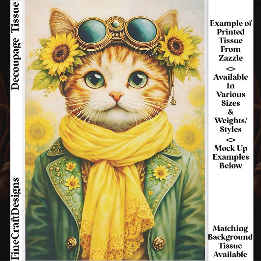 Cute Ginger Sunflower Steampunk Cat FE6 Decoupage Seidenpapier
