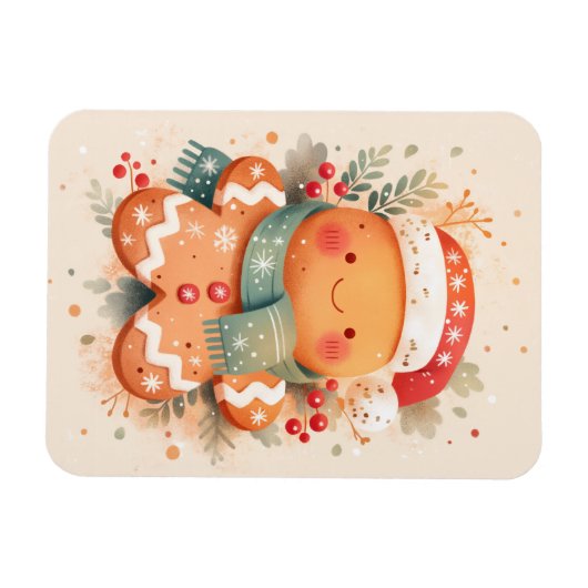 Cute Gingerbread Cookie Wearing Santa Hat Magnet (Horizontal)