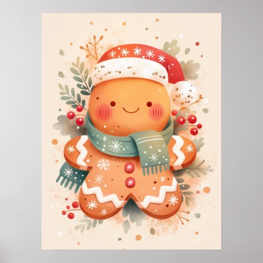 Cute Gingerbread Cookie Wearing Santa Hat Poster (Vorne)