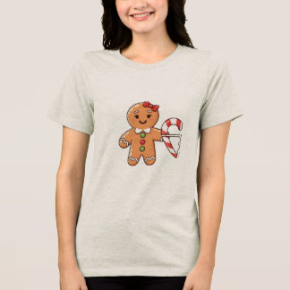 Cute Gingerbread Girl with Broken Candy Cane Heart Tri-Blend Shirt