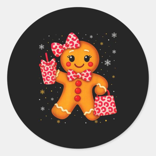 Cute Gingerbread Leopard Bow Christmas Xmas Girl W Runder Aufkleber (Vorderseite)