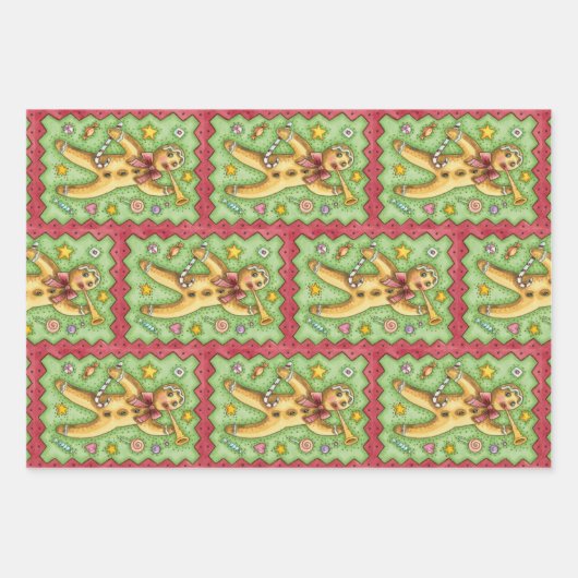 Cute Gingerbread Man Blowing Horn, Christmas Candy Geschenkpapier Set (Vorderseite 2)