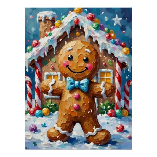 Cute Gingerbread Man Cheerful Christmas Cookie Art Poster (Vorderseite)
