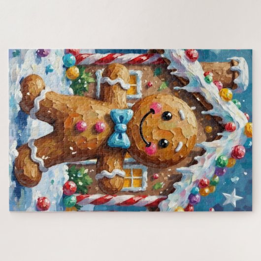 Cute Gingerbread Man Cheerful Christmas Cookie Art Puzzle (Horizontal)