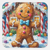 Cute Gingerbread Man Cheerful Christmas Cookie Art Quadratischer Aufkleber (Vorderseite)