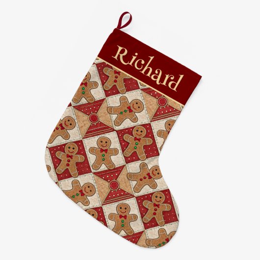 Cute Gingerbread Man Patchwork Pattern Style Großer Weihnachtsstrumpf (Vorderansicht (hängend))