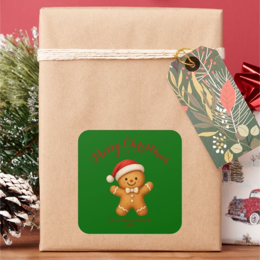 Cute Gingerbread Man with Santa Hat -  Quadratischer Aufkleber (Feiertag)