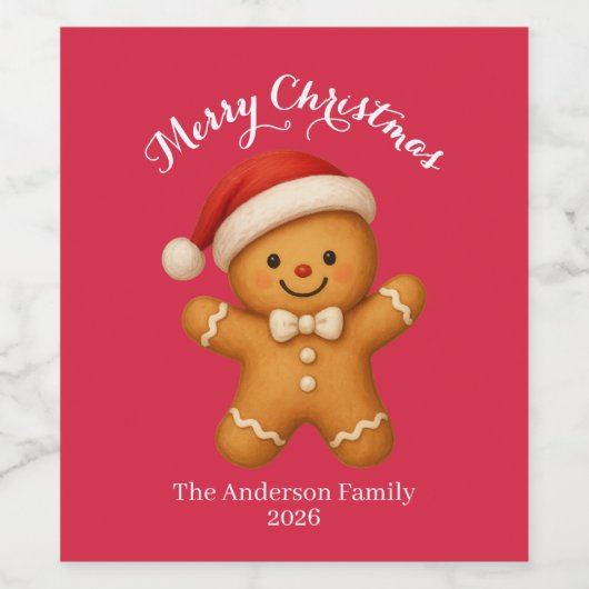 Cute Gingerbread Man with Santa Hat -  Weinetikett (Einzelnes Label)