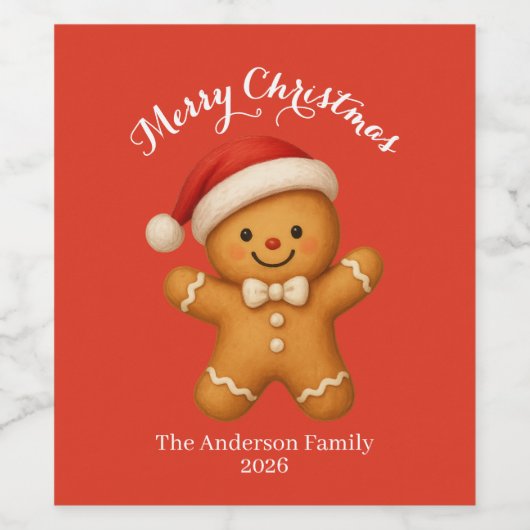 Cute Gingerbread Man with Santa Hat -  Weinetikett (Einzelnes Label)