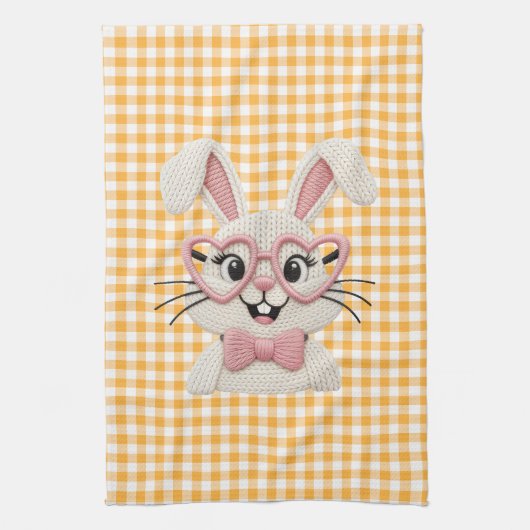 Cute Gingham Bunny Pink Heart Glasses  Geschirrtuch (Vertikal)