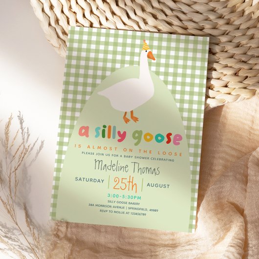 Cute Gingham Neutral Silly Goose Baby Shower  Einladung