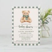 Cute Gingham Plaid Teddy Bear Winter Baby Shower Einladung (Stehend Vorderseite)