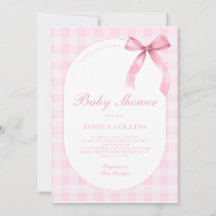 Cute Gingham Watercolor Pink Bow Girl Baby Shower