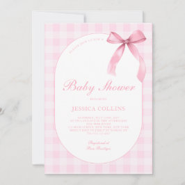 Cute Gingham Watercolor Pink Bow Girl Baby Shower Einladung