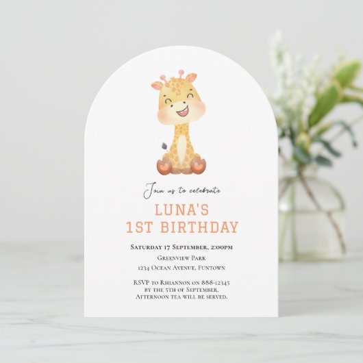 Cute Giraffe arch 1st birthday invitation Einladung (Stehend Vorderseite)