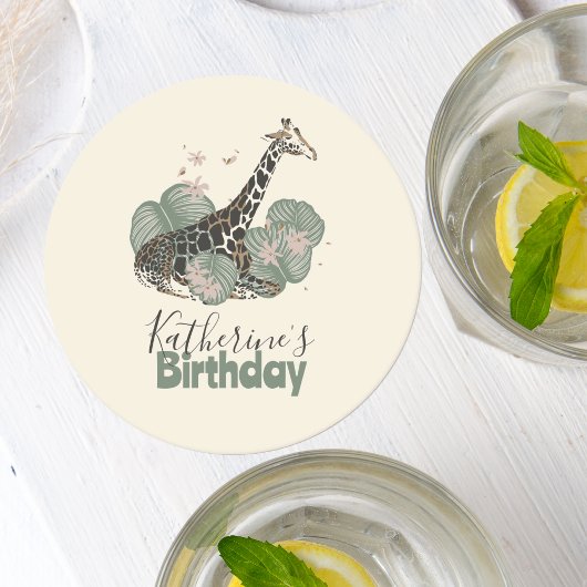 Cute Giraffe Botanical Animal Birthday Party Runder Pappuntersetzer