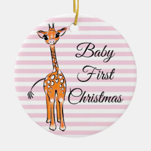 Cute giraffe drawing, safari animals, pink stripes keramik ornament