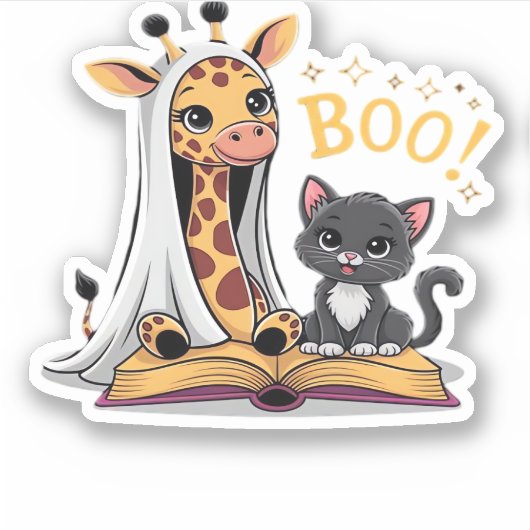 Cute Giraffe Ghost with Black Cat and Boo! Classic Aufkleber (Vorderseite)