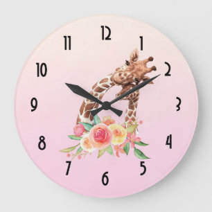Cute Giraffe Watercolor Mom & Baby Große Wanduhr