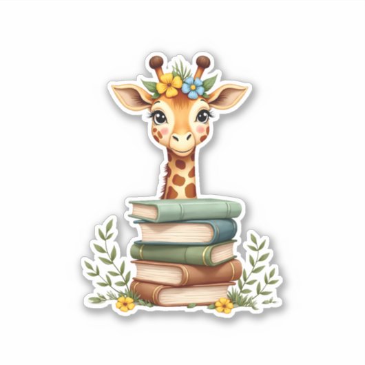 Cute Giraffe With Book Floral Bookworm Librarian B Aufkleber (Vorderseite)