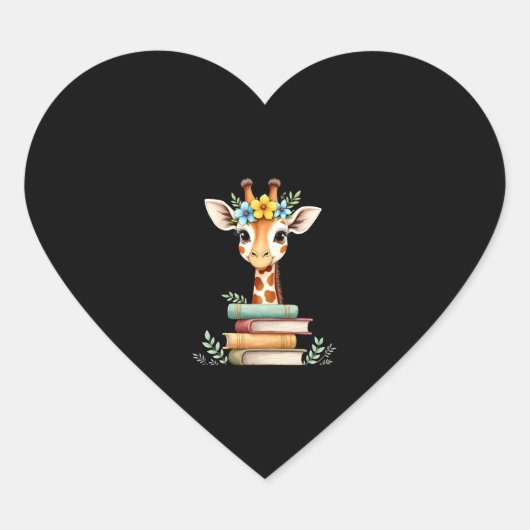 Cute Giraffe With Book Floral Bookworm Librarian B Herz-Aufkleber (Vorderseite)