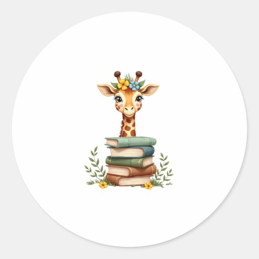 Cute Giraffe With Book Floral Bookworm Librarian B Runder Aufkleber (Vorderseite)