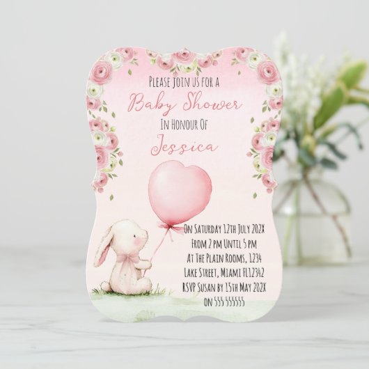 Cute Girl Bunny Baby Shower Invitation Einladung (Stehend Vorderseite)
