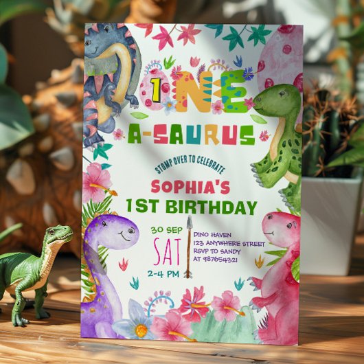 Cute Girl Dinosaur 1st Birthday Invitation Einladung