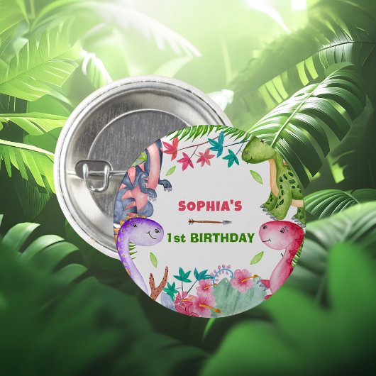 Cute Girl Dinosaur 1st Birthday Party Button