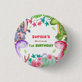 Cute Girl Dinosaur 1st Birthday Party Button (Vorderseite)