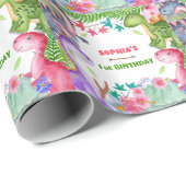 Cute Girl Dinosaur 1st Birthday Party Geschenkpapier (Rolleneckpunkt)