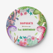 Cute Girl Dinosaur 1st Birthday Party Pappteller (Vorderseite)