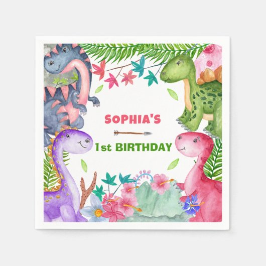 Cute Girl Dinosaur 1st Birthday Party Serviette (Vorderseite)