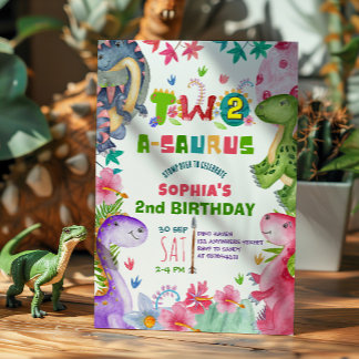 Cute Girl Dinosaur 2nd Birthday Invitation Einladung