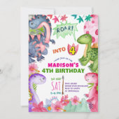 Cute Girl Dinosaur 4th Birthday Invitation Einladung (Vorderseite)