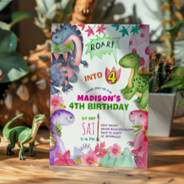 Cute Girl Dinosaur 4th Birthday Invitation Einladung