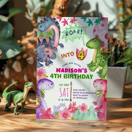 Cute Girl Dinosaur 4th Birthday Invitation Einladung