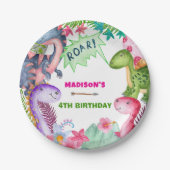 Cute Girl Dinosaur 4th Birthday Party Pappteller (Vorderseite)