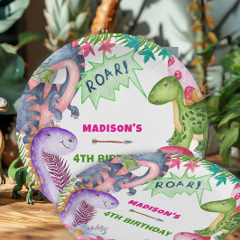 Cute Girl Dinosaur 4th Birthday Party Pappteller