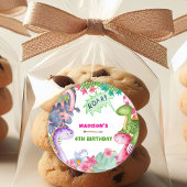 Cute Girl Dinosaur 4th Birthday Party Runder Aufkleber