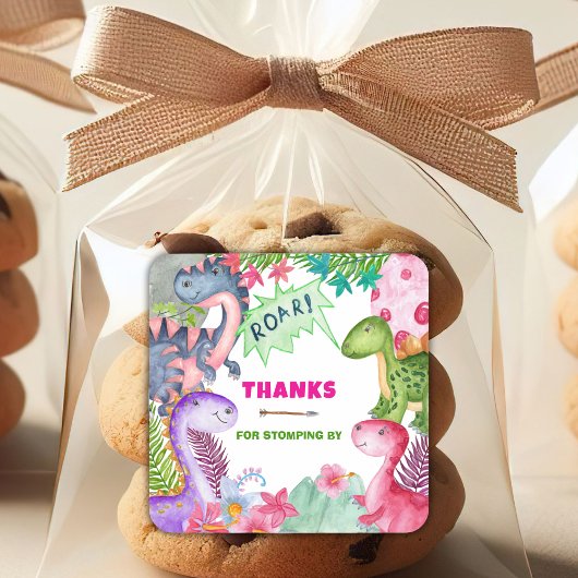 Cute Girl Dinosaur 4th Birthday Thank You Quadratischer Aufkleber