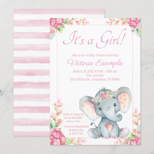 Cute Girl Elephant Baby Shower Einladung