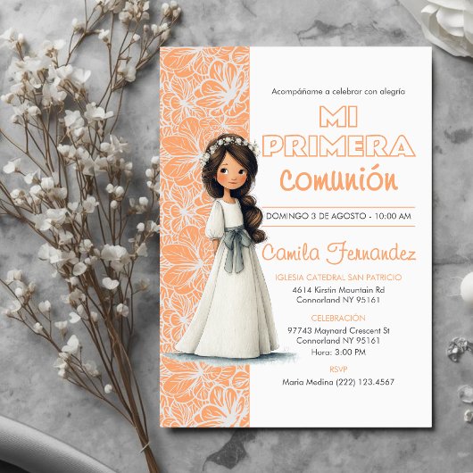 Cute Girl Peach Background Spanish First Communion Einladung