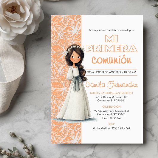 Cute Girl Peach Background Spanish First Communion Einladung