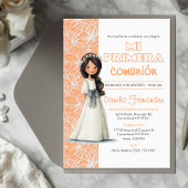 Cute Girl Peach Background Spanish First Communion Einladung