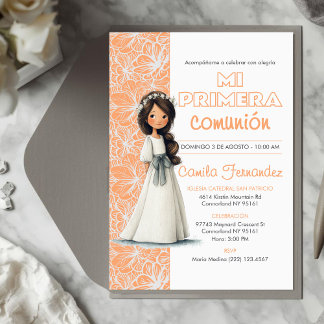 Cute Girl Peach Background Spanish First Communion Einladung