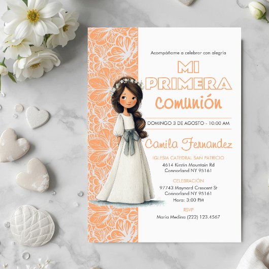 Cute Girl Peach Background Spanish First Communion Einladung