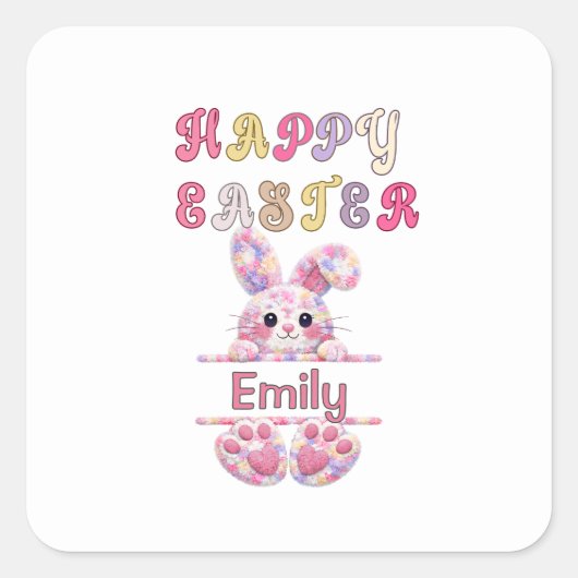 Cute Girl Personalize Happy Easter Bunny Quadratischer Aufkleber (Vorderseite)