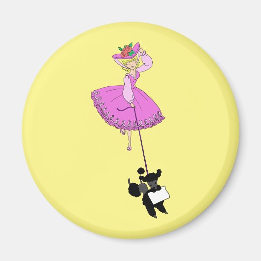 Cute Girl Pink Dress Black Poodle Original Cartoon Magnet (Vorne)