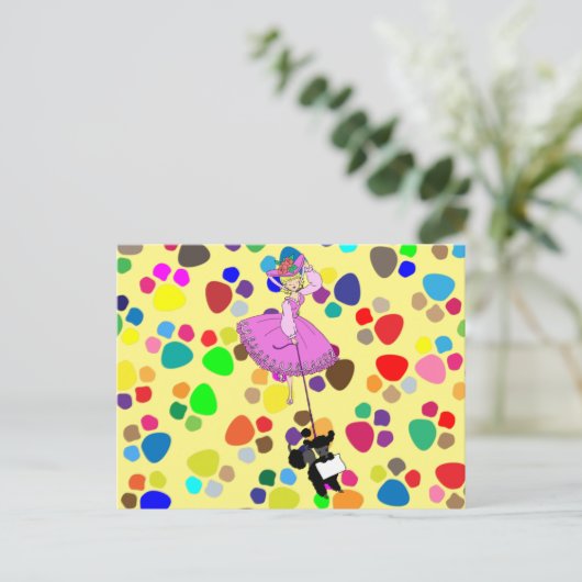 Cute Girl Pink Dress Black Poodle Original Cartoon Postkarte (Stehend Vorderseite)